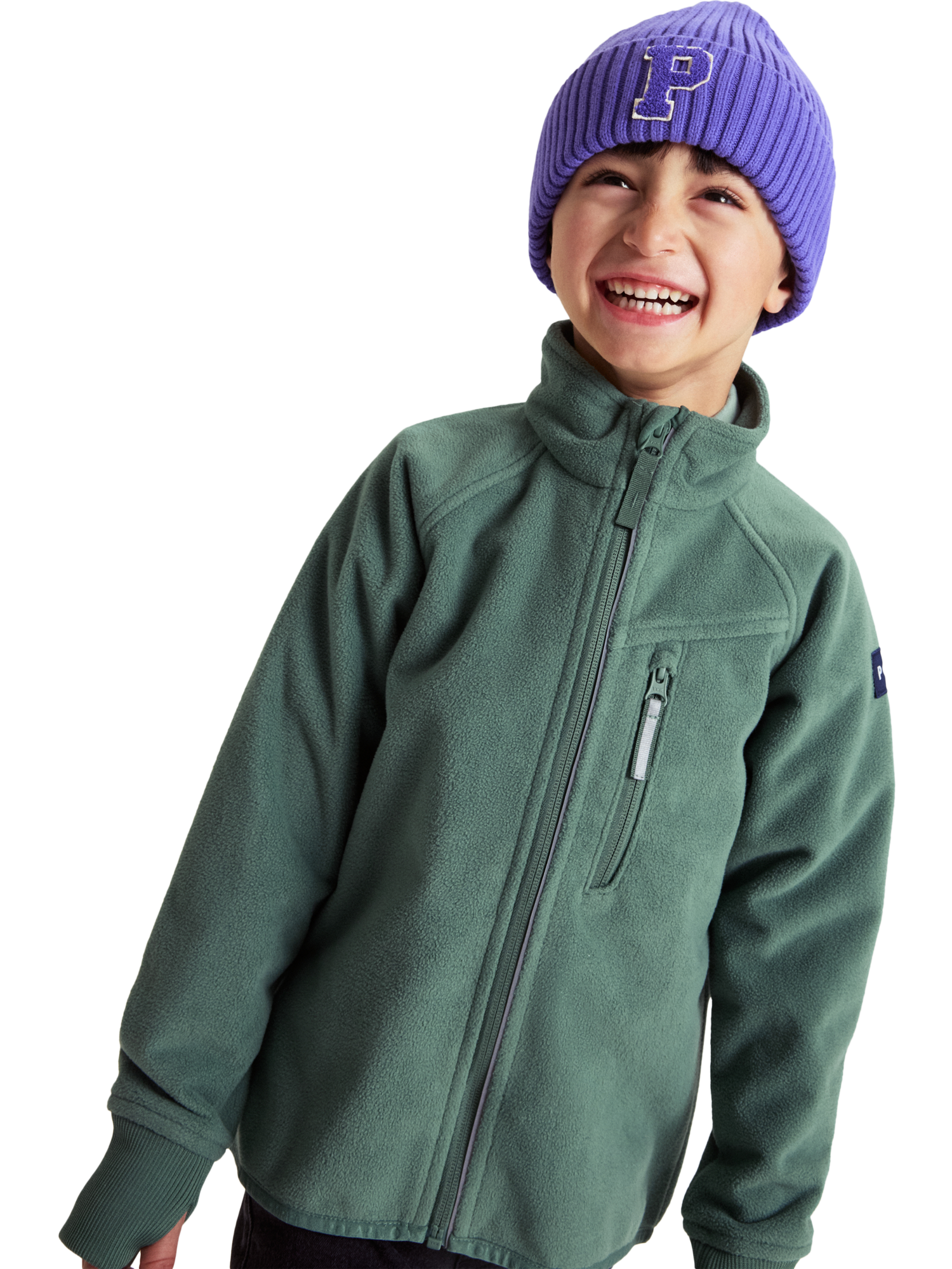 Product image 1 of 5, which shows Polarn O. Pyret Kids' Windproof Fleece Jacket, Green, 3-4 years