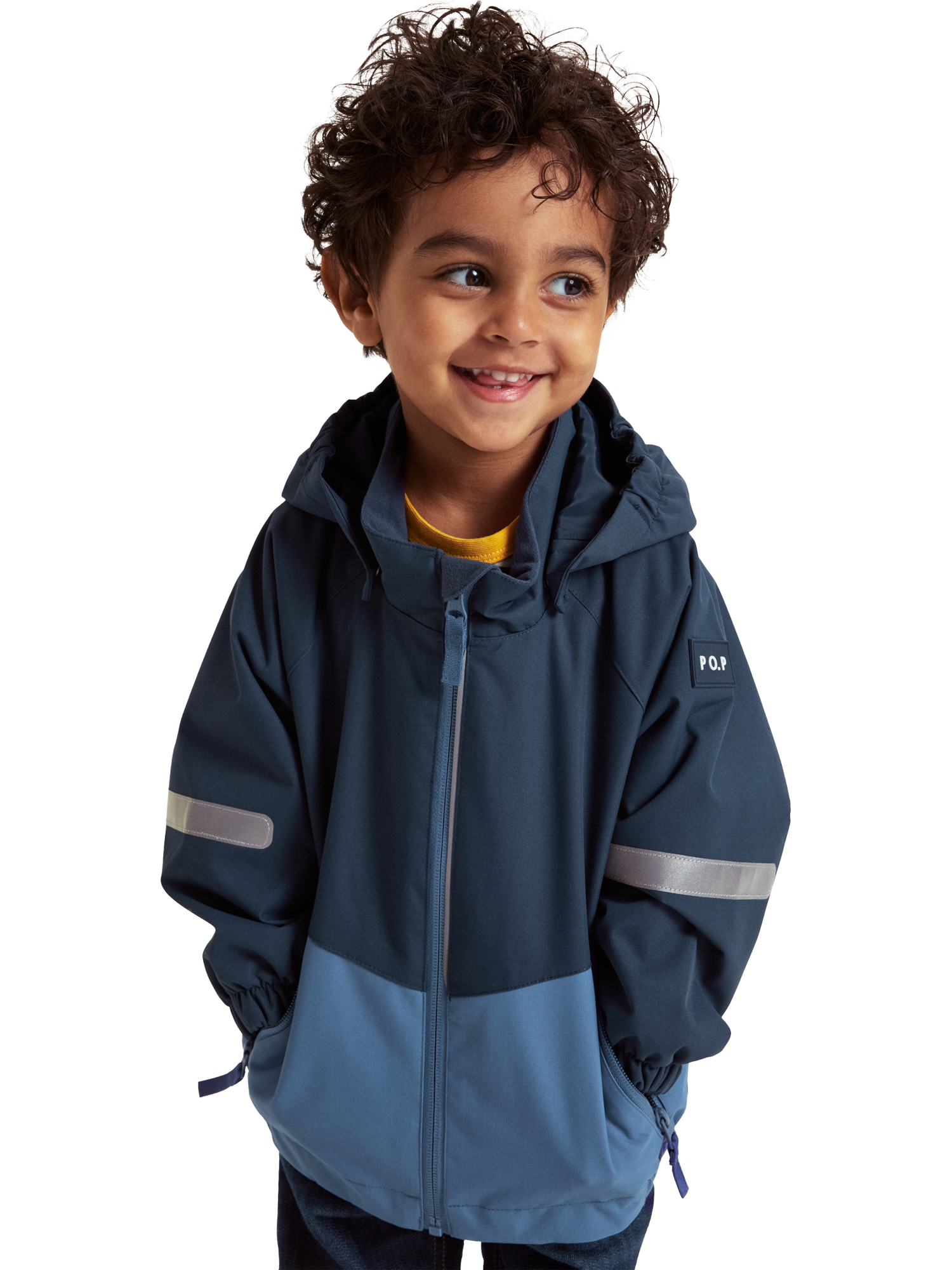 Product image 1 of 8, which shows Polarn O. Pyret Kids' Two-Tone Windproof Waterproof Shell Jacket, Blue, 3-4 years