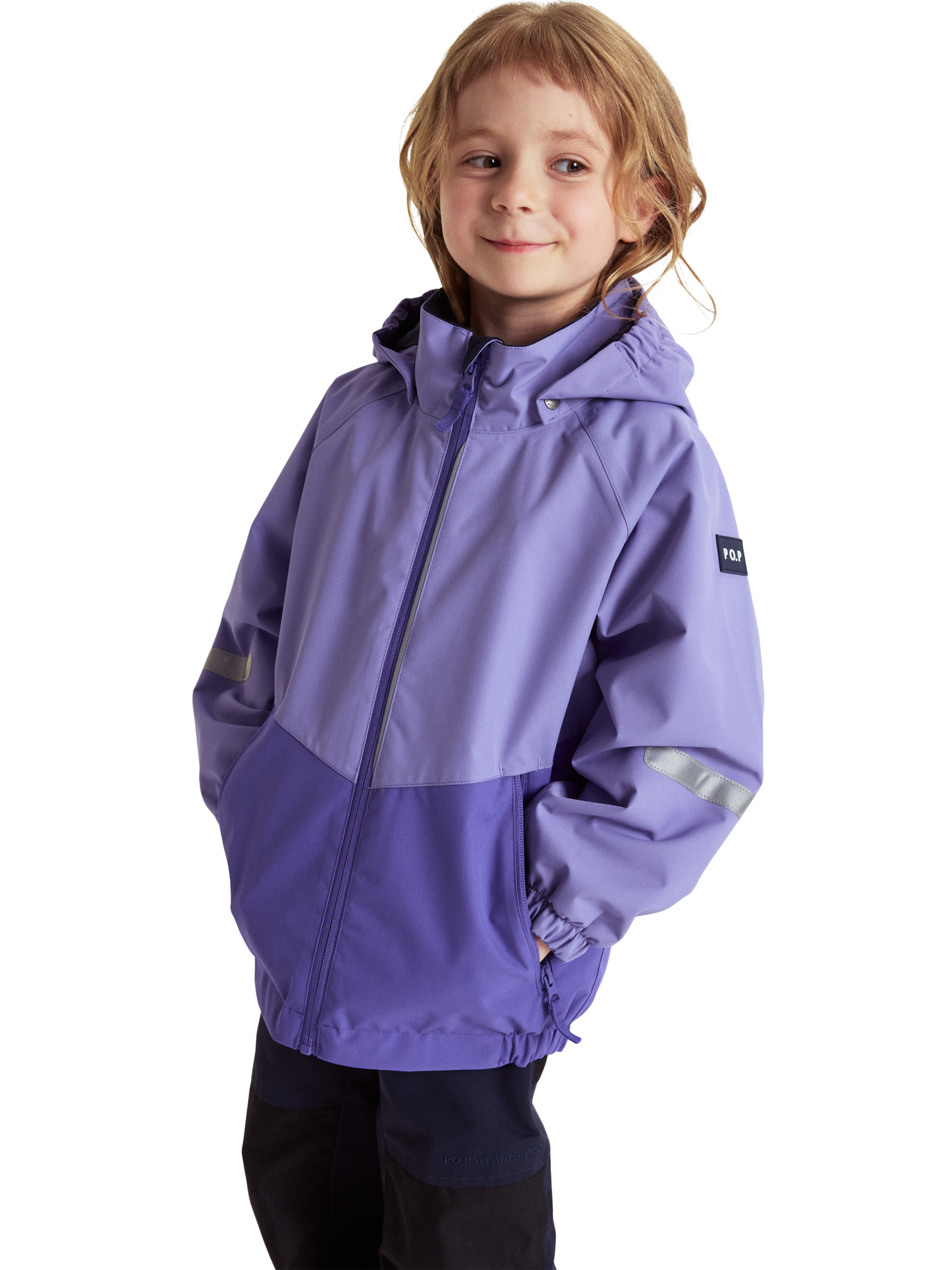 Product image 1 of 11, which shows Polarn O. Pyret Kids' Two-Tone Windproof Waterproof Shell Jacket, Purple, 3-4 years