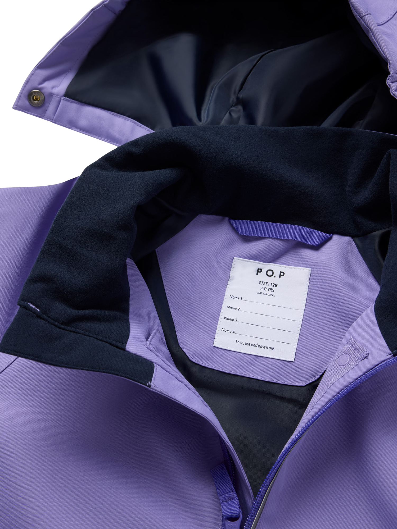 Product image 4 of 11, which shows Polarn O. Pyret Kids' Two-Tone Windproof Waterproof Shell Jacket, Purple, 3-4 years