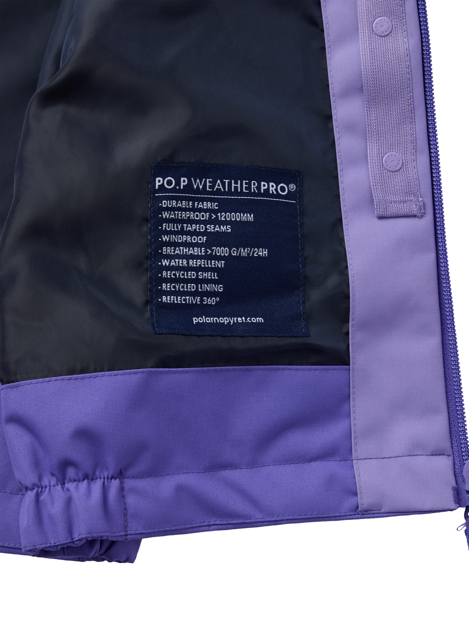 Product image 6 of 11, which shows Polarn O. Pyret Kids' Two-Tone Windproof Waterproof Shell Jacket, Purple, 3-4 years