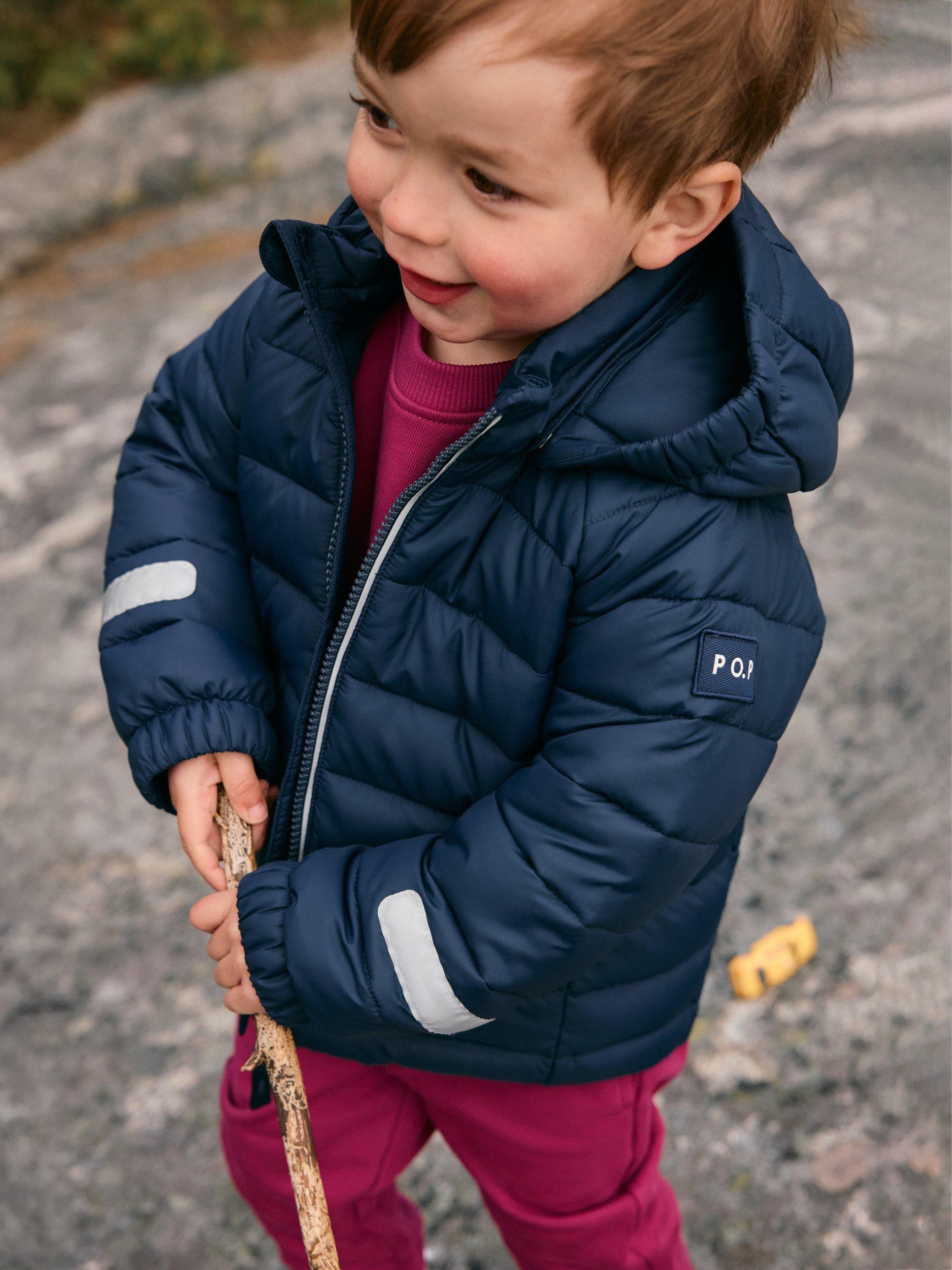 Product image 2 of 7, which shows Polarn O. Pyret Kids' Windproof Water-Repellent Quilted Jacket, Blue, 3-4 years