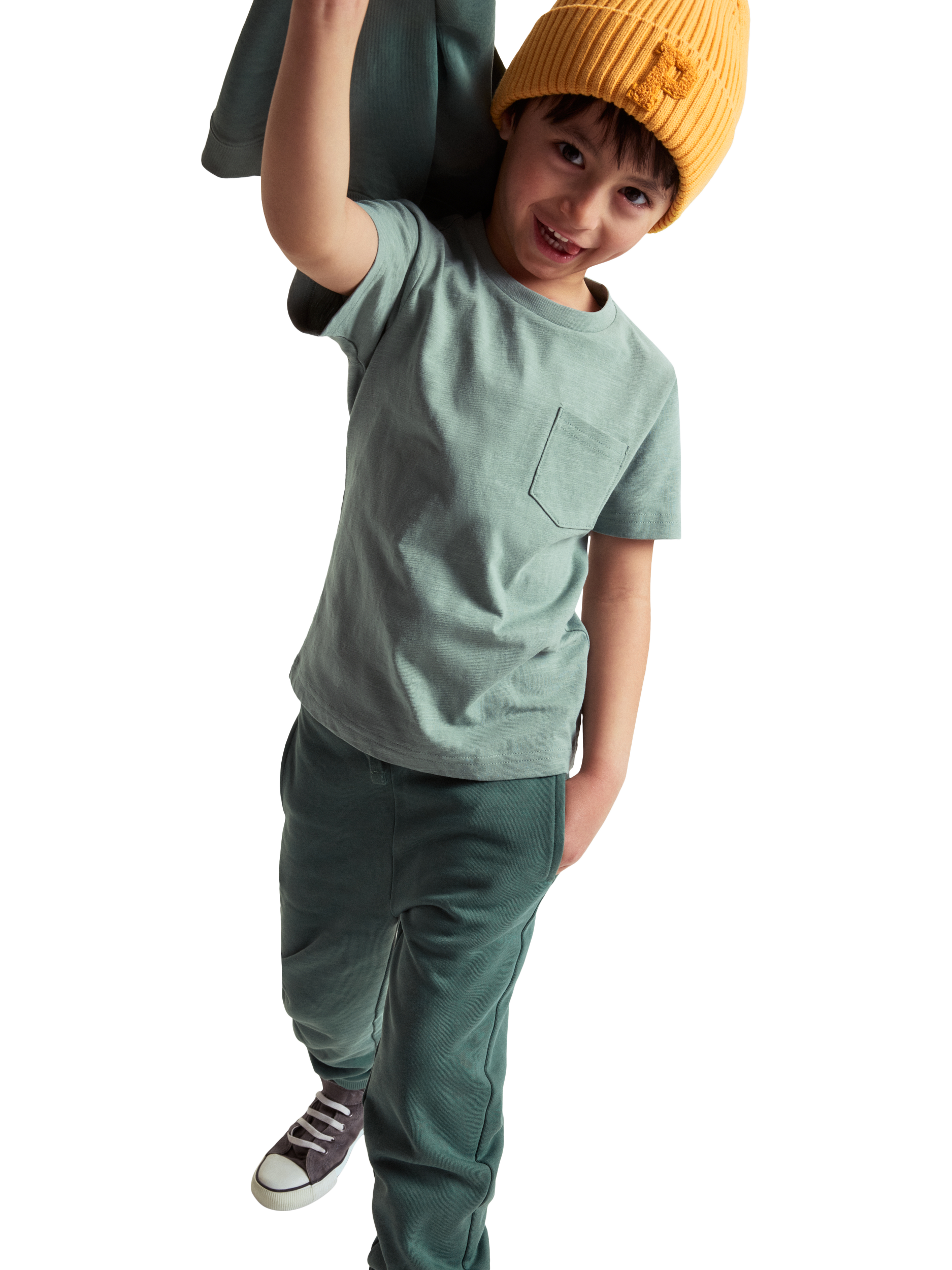 Product image 1 of 4, which shows Polarn O. Pyret Kids' Cotton Pocket T-Shirt, Green, 3-4 years