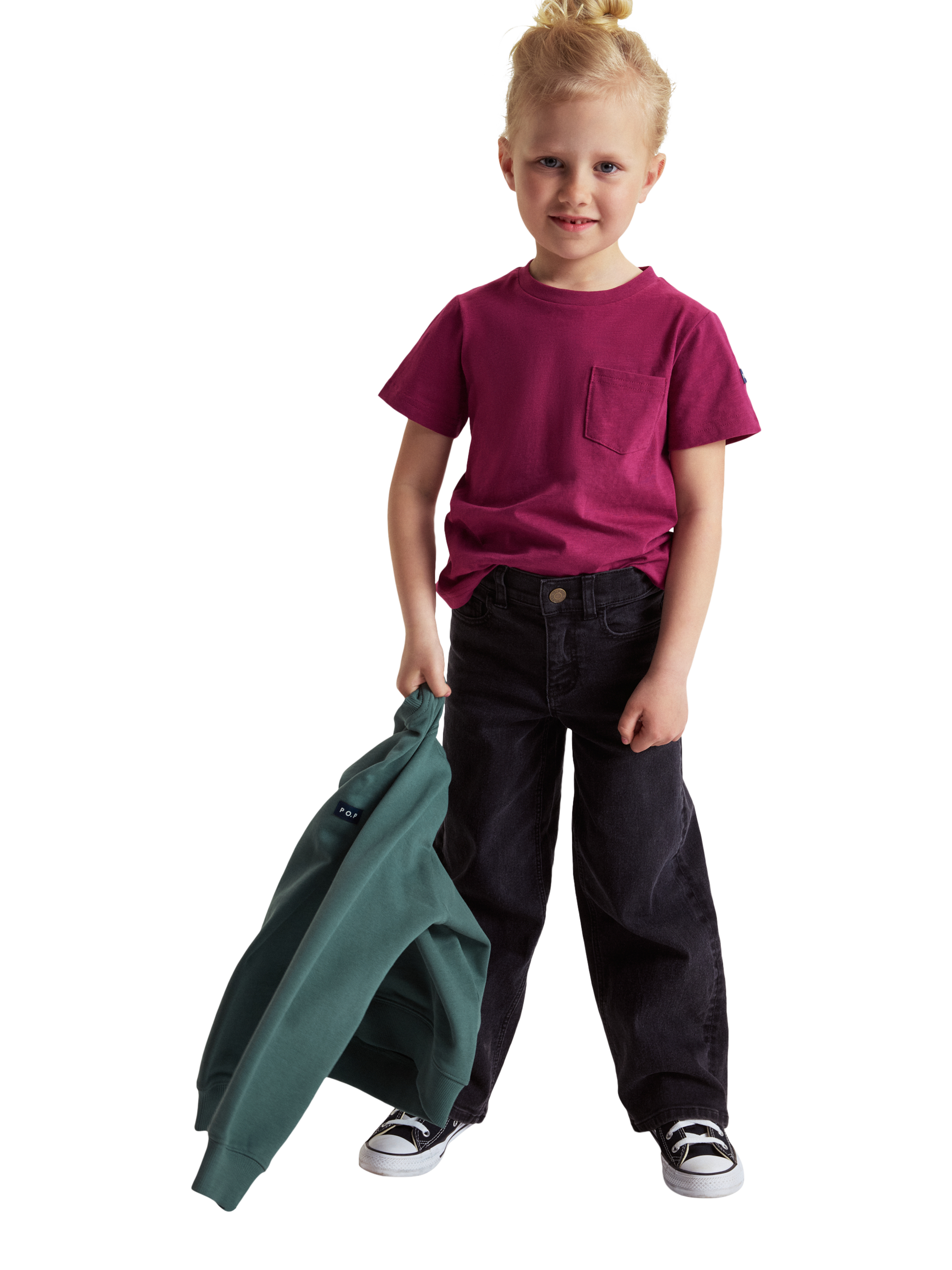 Product image 1 of 3, which shows Polarn O. Pyret Kids' Cotton Pocket T-Shirt, Pink, 3-4 years
