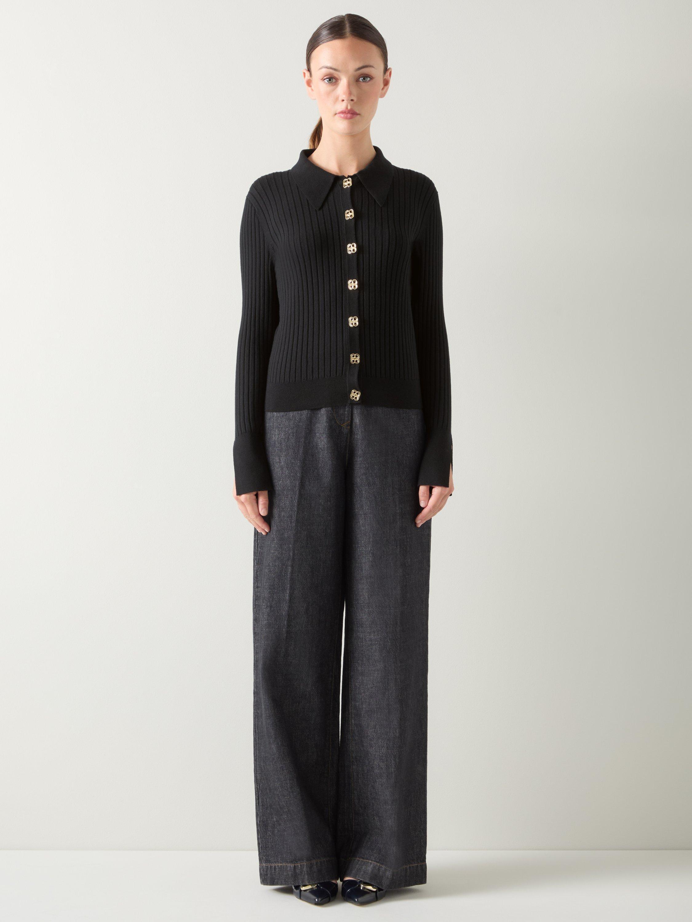 Product image 1 of 5, which shows L.K.Bennett Willow Ribbed Cardigan, Black, XS