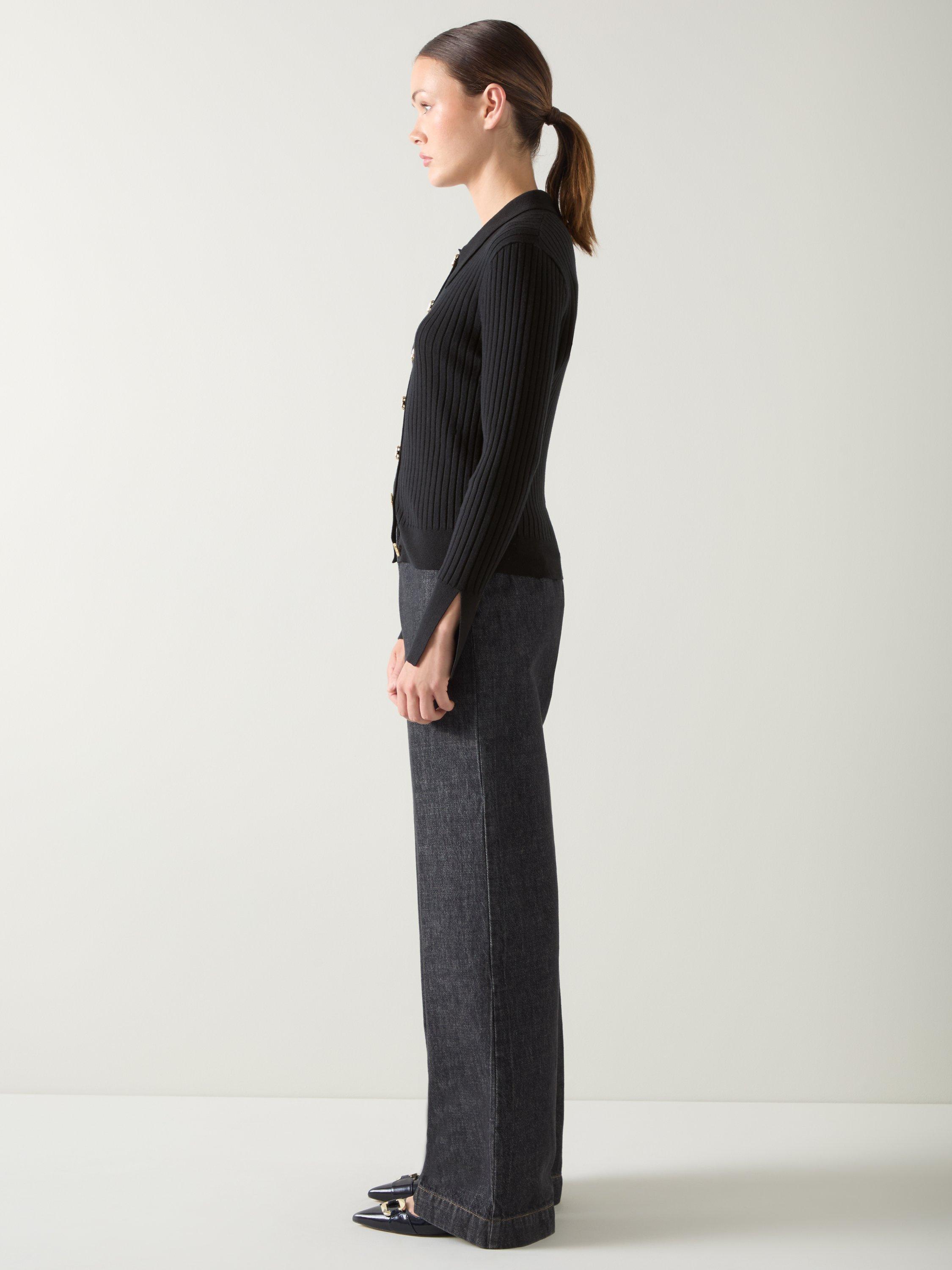 Product image 2 of 5, which shows L.K.Bennett Willow Ribbed Cardigan, Black, XS