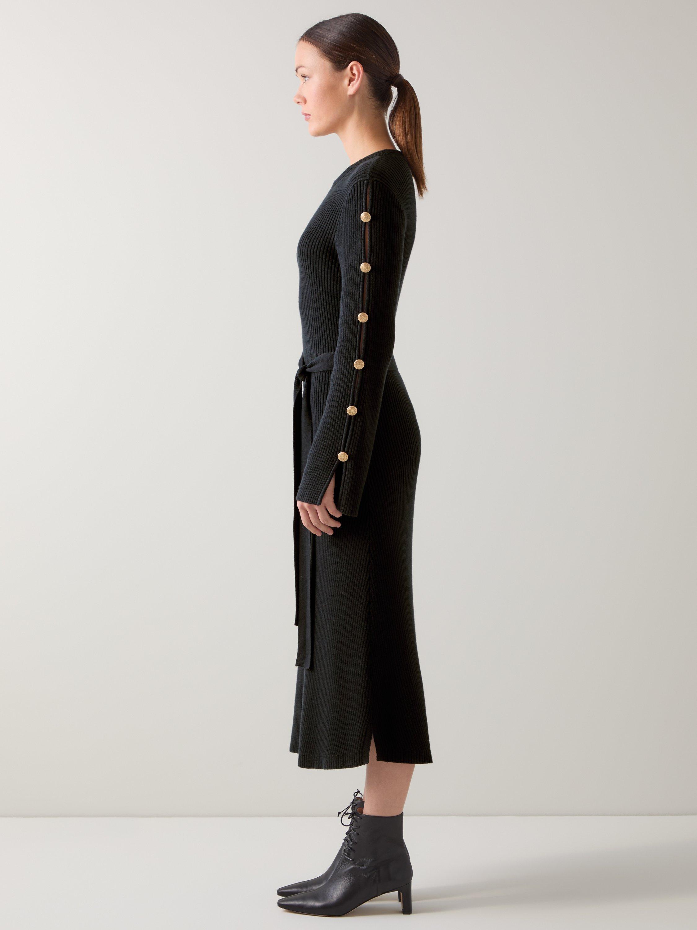 Product image 2 of 4, which shows L.K.Bennett Mirren Button Shoulder Dress, Black, XS