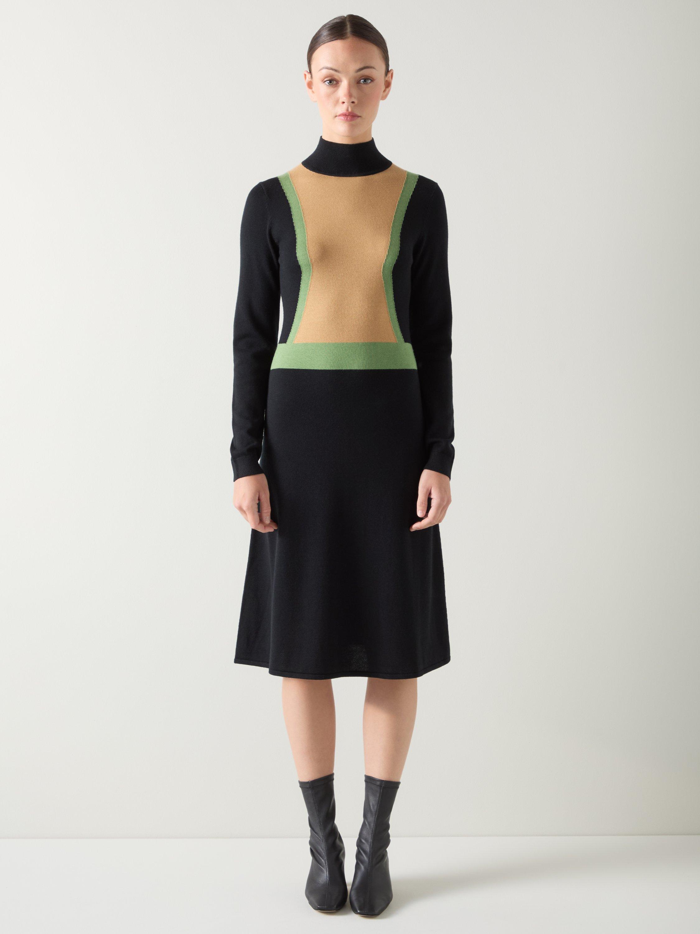 Product image 1 of 5, which shows L.K.Bennett Natalia Colour Block Wool Blend Dress, Multi/Black, XS