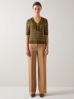 L.K.Bennett Fran Fringe Trim Knit Top, Green/Pink, Green/Pink