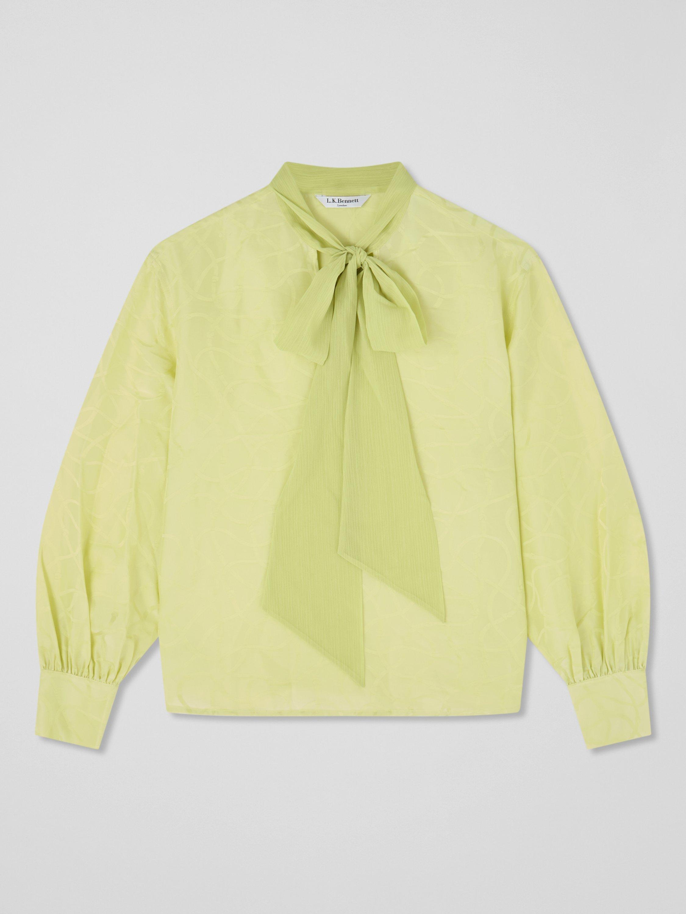 Product image 4 of 4, which shows L.K.Bennett Maggie Tie Neck Jacquard Top, Lime, 6