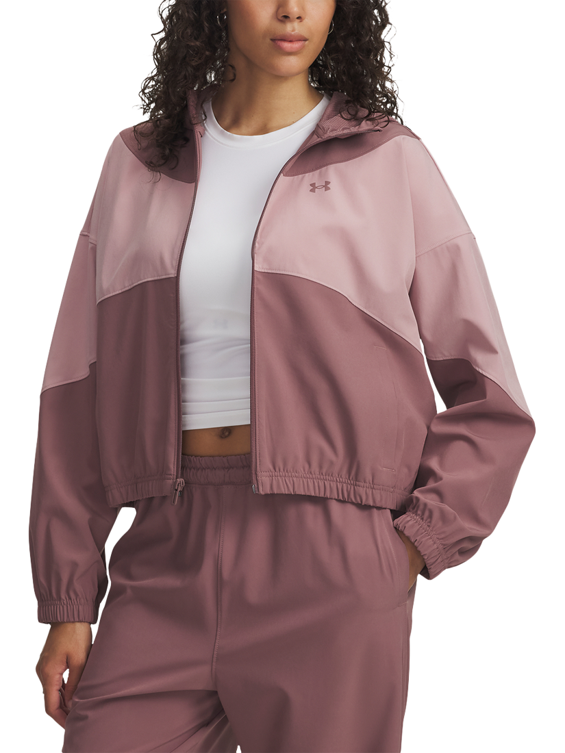 Product image 1 of 3, which shows Under Armour Women's Rival Water-Resistant Woven Sports Jacket, Maroon Mist / Pink, XS