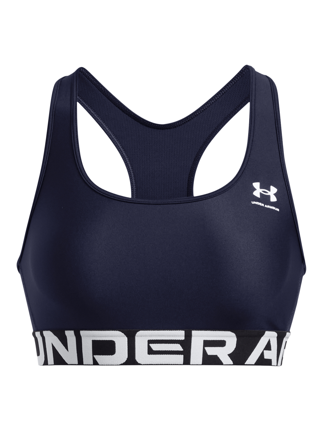 Product image 4 of 11, which shows Under Armour Logo Medium Impact Padded Sports Bra, Navy / White, XS