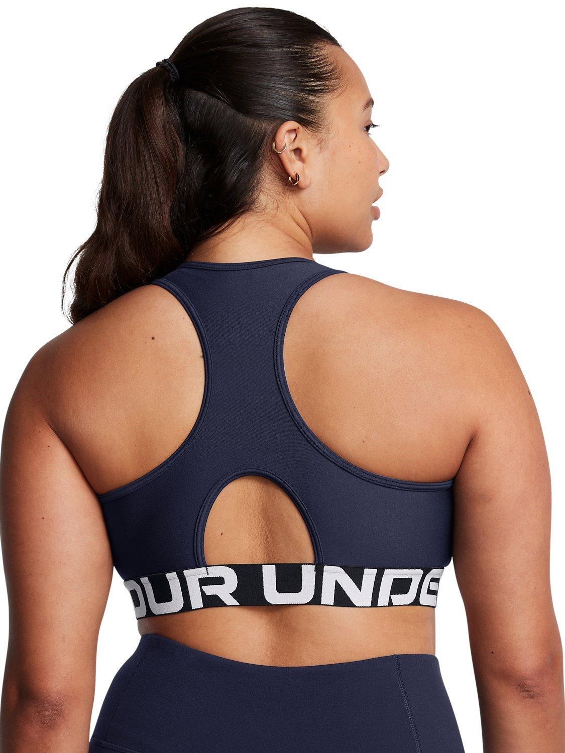 Product image 7 of 11, which shows Under Armour Logo Medium Impact Padded Sports Bra, Navy / White, XS