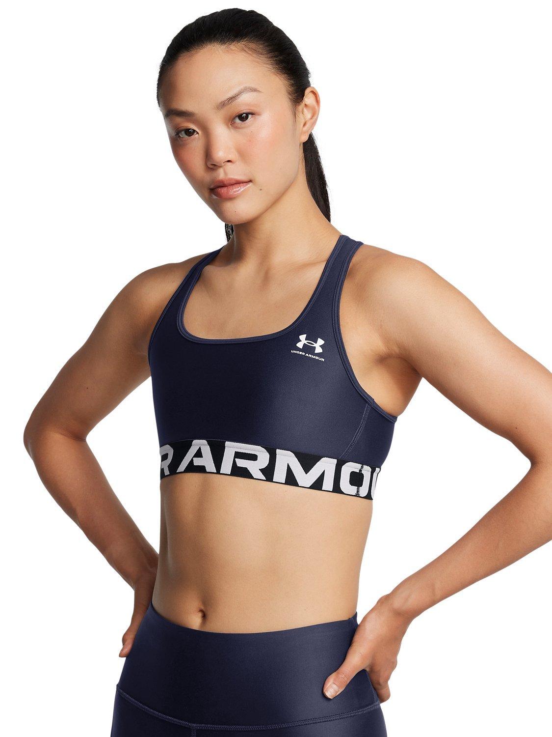 Product image 8 of 11, which shows Under Armour Logo Medium Impact Padded Sports Bra, Navy / White, XS