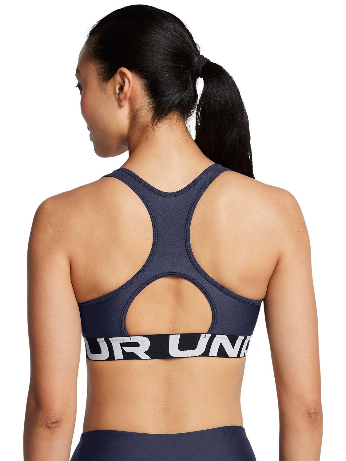 Product image 9 of 11, which shows Under Armour Logo Medium Impact Padded Sports Bra, Navy / White, XS