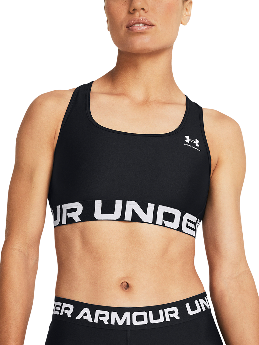 Product image 1 of 11, which shows Under Armour Logo Medium Impact Padded Sports Bra, Black / White, XS
