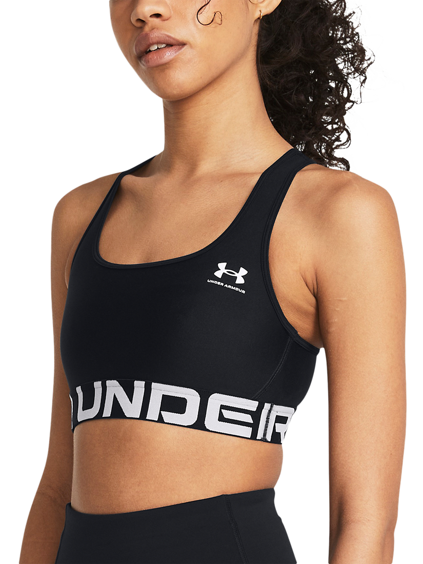 Product image 4 of 11, which shows Under Armour Logo Medium Impact Padded Sports Bra, Black / White, XS