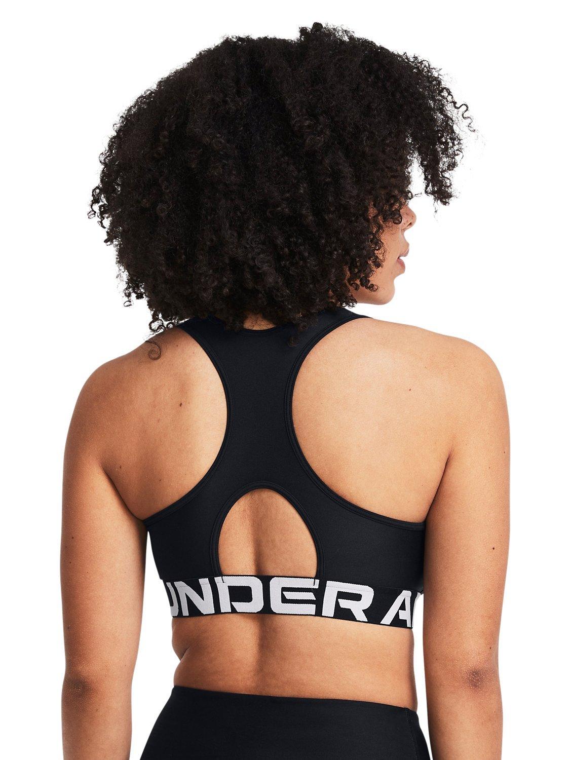 Product image 7 of 11, which shows Under Armour Logo Medium Impact Padded Sports Bra, Black / White, XS