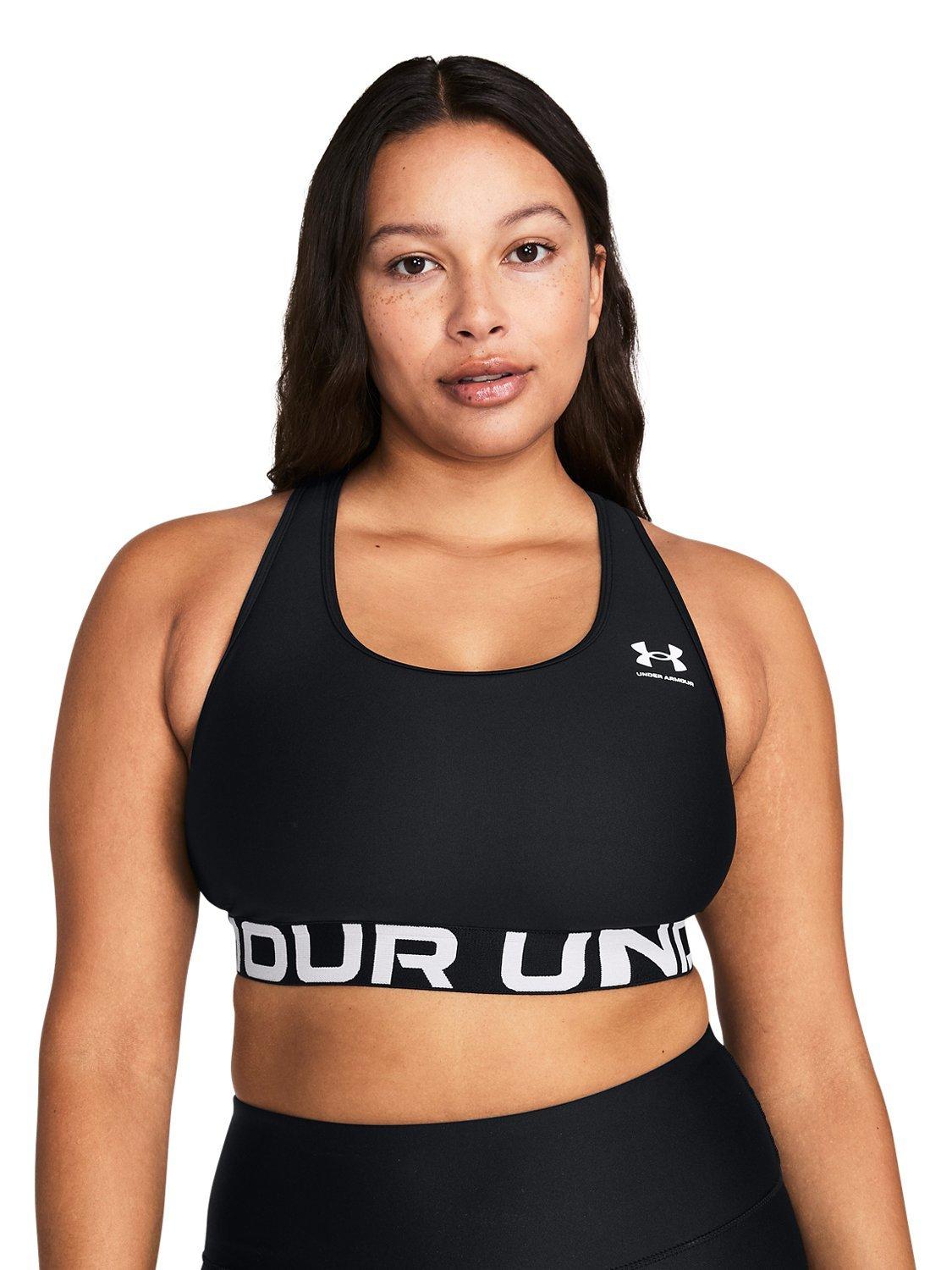 Product image 8 of 11, which shows Under Armour Logo Medium Impact Padded Sports Bra, Black / White, XS