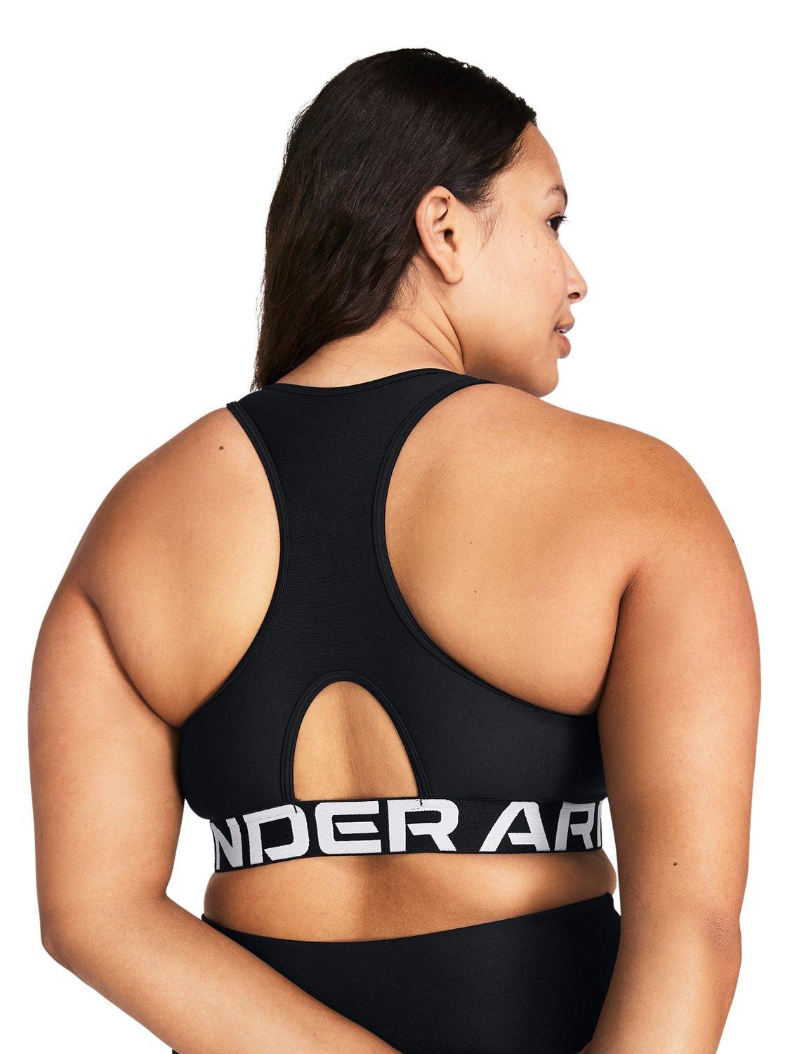 Product image 9 of 11, which shows Under Armour Logo Medium Impact Padded Sports Bra, Black / White, XS