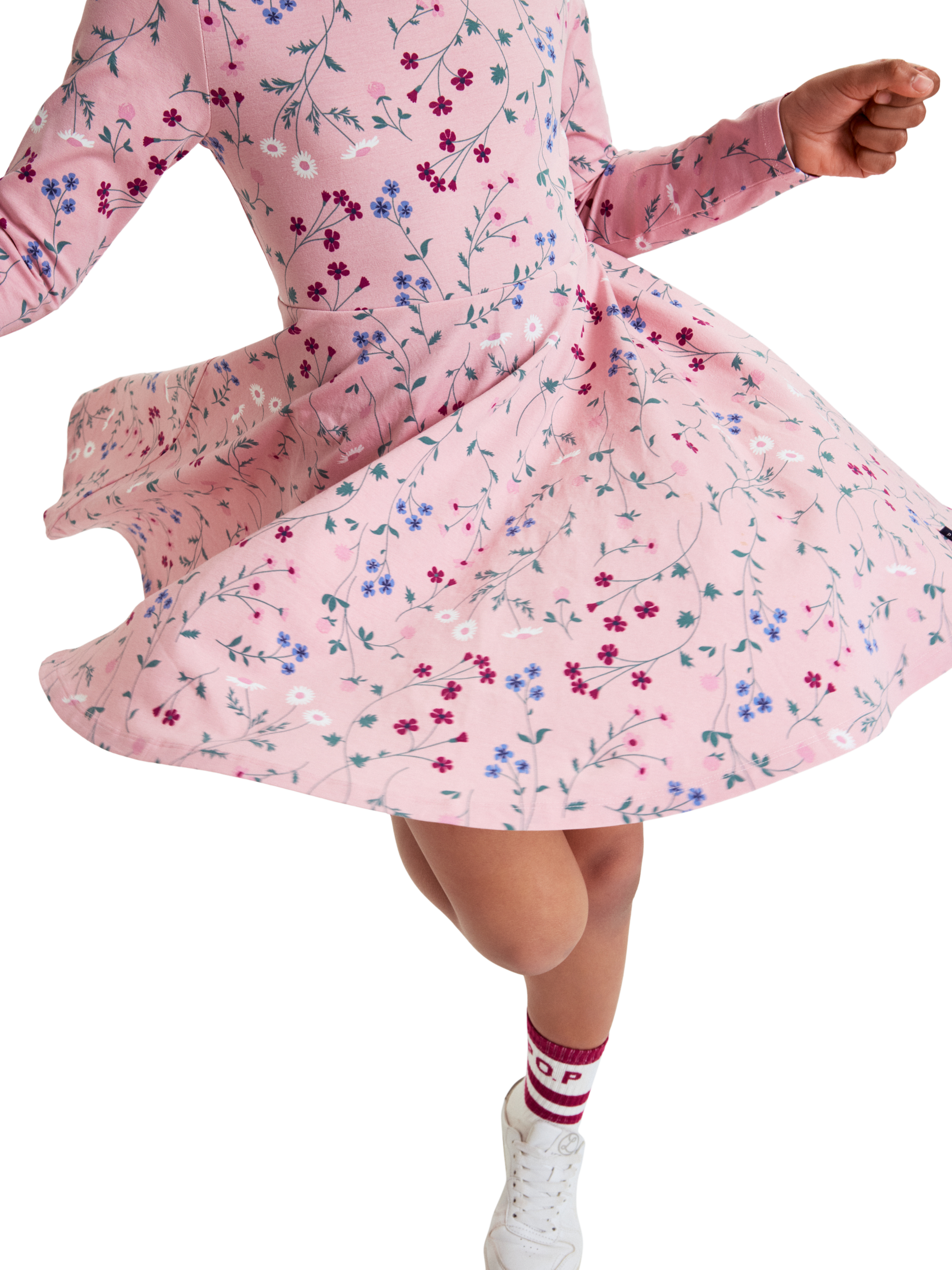 Polarn Pyret Kids' Cotton Long Sleeved Floral Print Dress, Pink