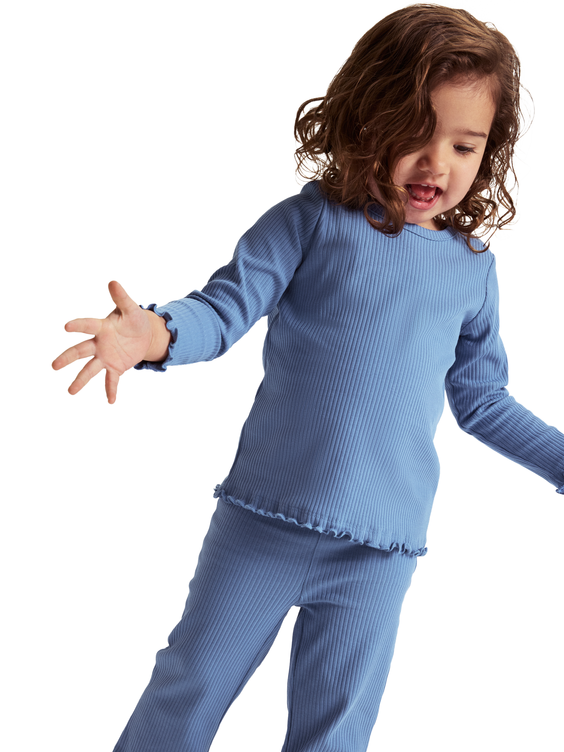 Product image 4 of 4, which shows Polarn O. Pyret Kids' Flared Leggings, Blue, 3-4 years
