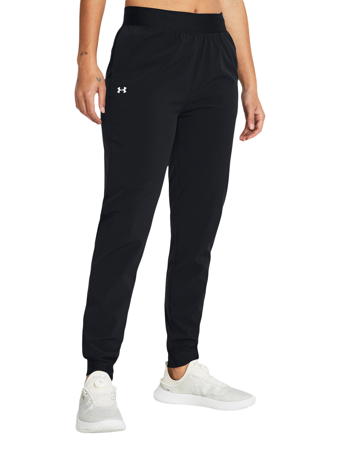 Product image 1 of 5, which shows Under Armour Rival Women's Hi Rise Woven Joggers, Black / White, XS