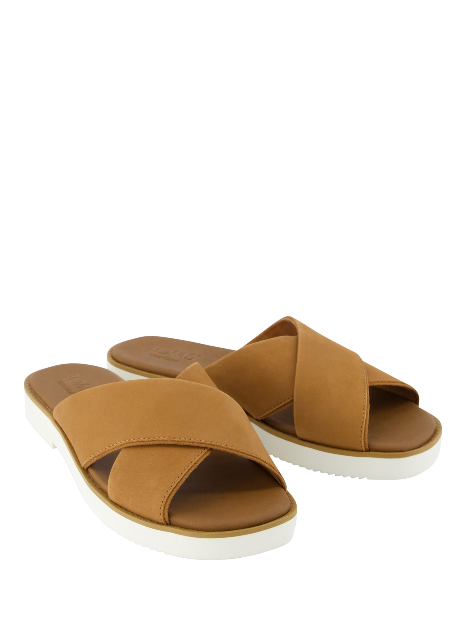 Product image 2 of 11, which shows TOMS Mae Crossover Leather Slider Sandals, Brown, 4