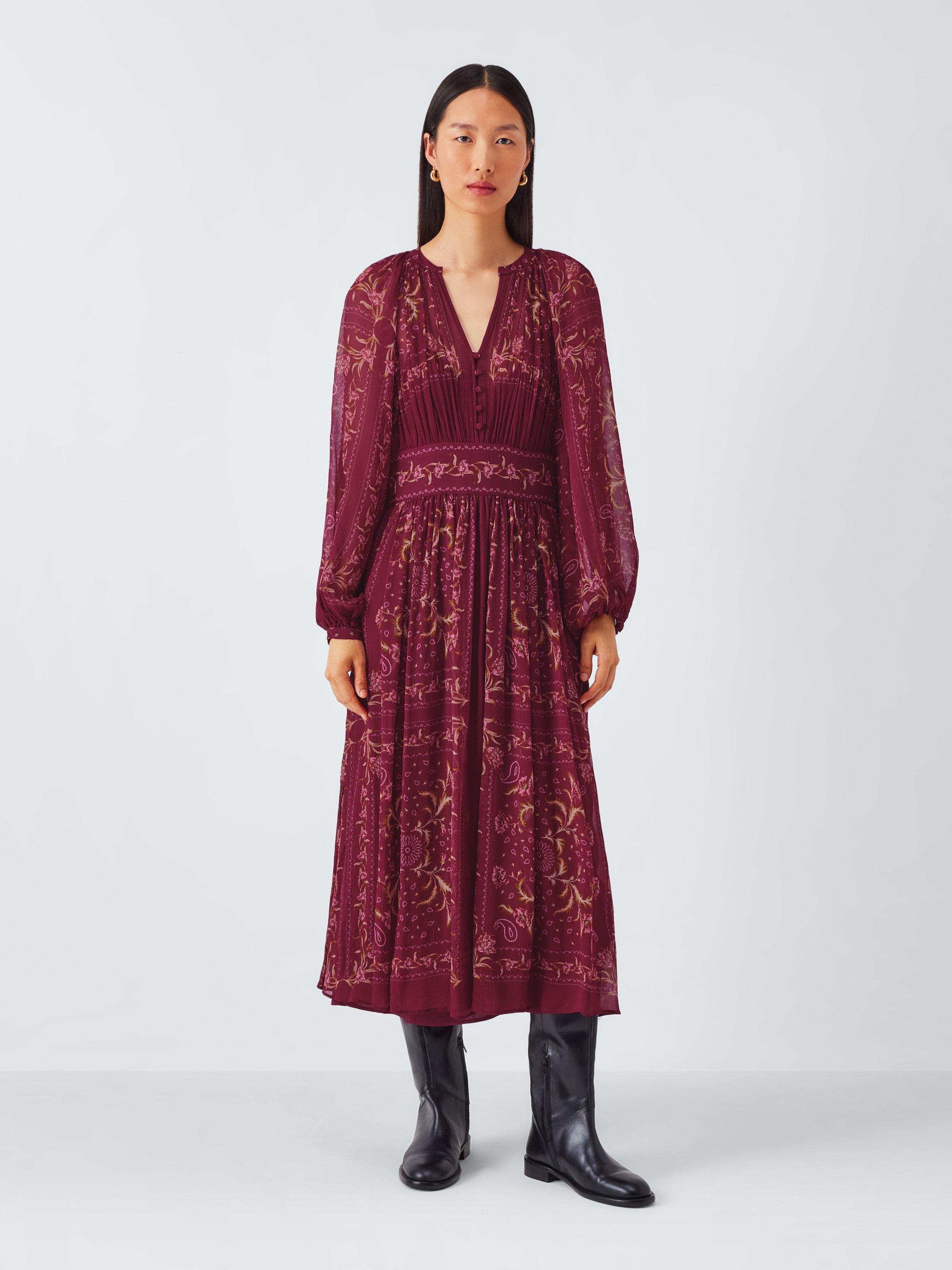 AND/OR Paisley V-Neck Midi Dress, Burgundy