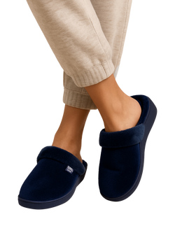 totes Sparkle Velour Heeled Mule Slippers, Navy - view 2, Navy