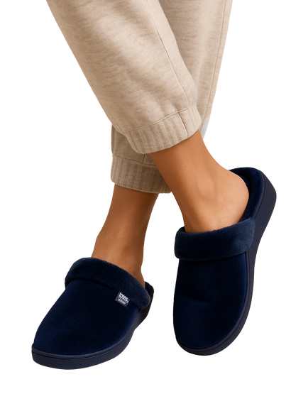 totes Sparkle Velour Heeled Mule Slippers, Navy - view 2, Navy