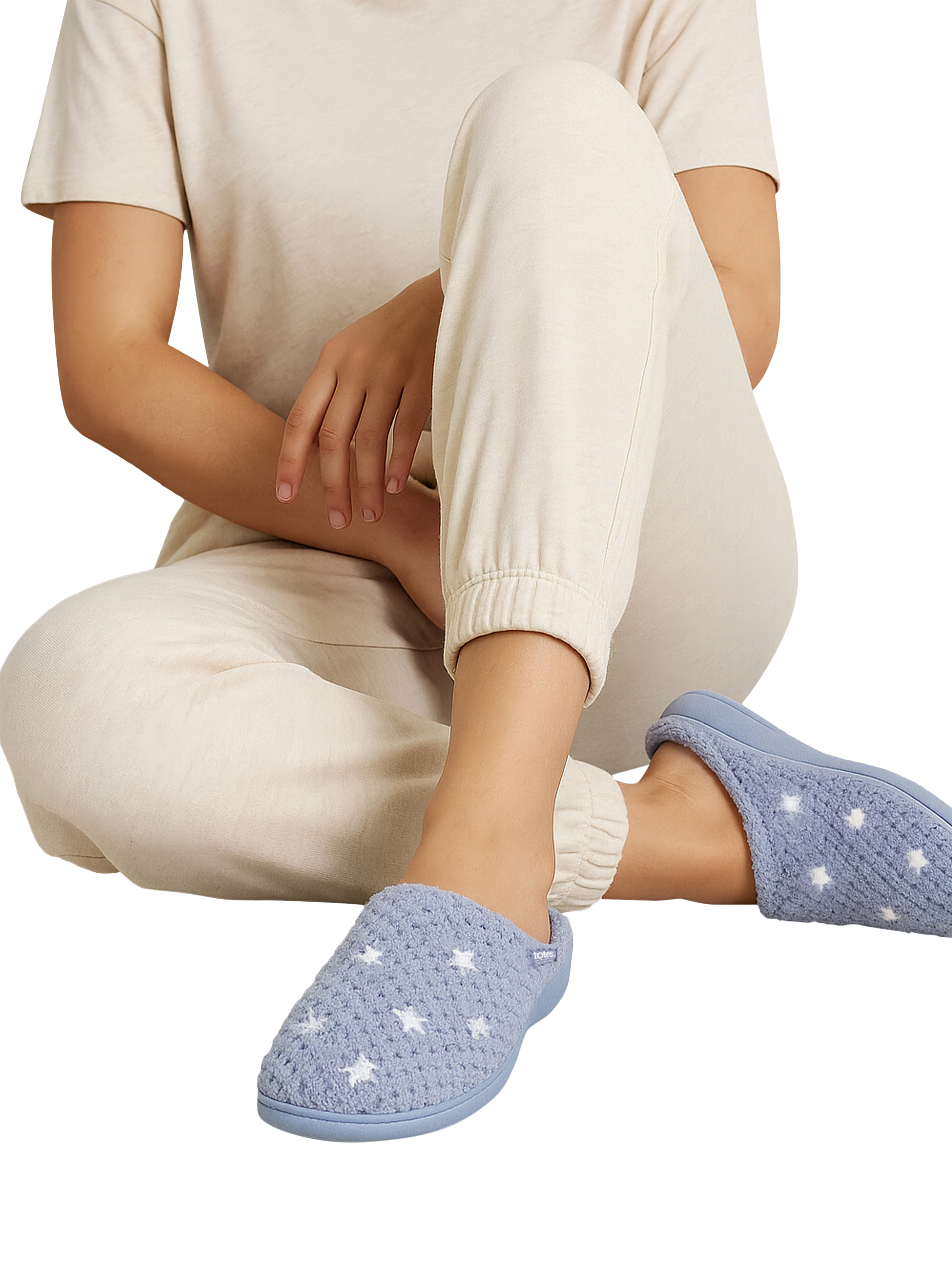 Product image 2 of 6, which shows totes Isotoner Women's Popcorn Terry Mule Slippers, Iris Blue, 4