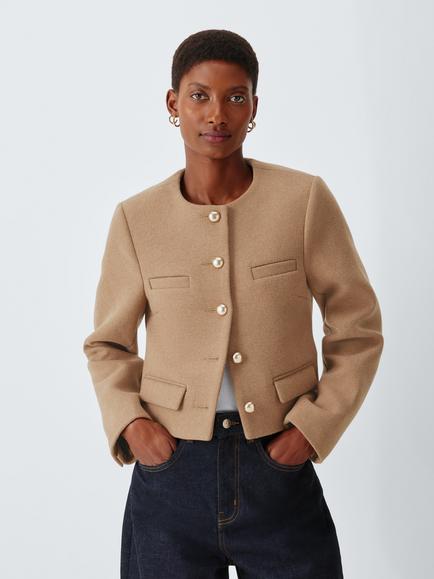 John Lewis Collarless Jacket, Camel Marl, Camel Marl