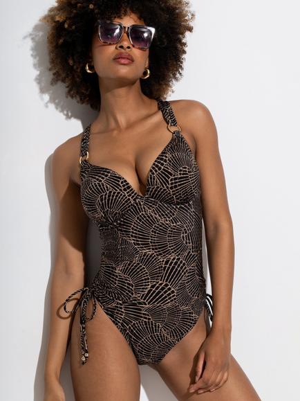 Pour Moi Samoa Boost Push-Up Padded Underwired Swimsuit, Black/Gold, Black/Gold