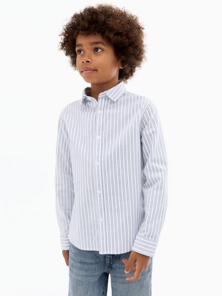 Mango Kids' Cotton Long Sleeved Striped Shirt, Medium Blue, Medium Blue
