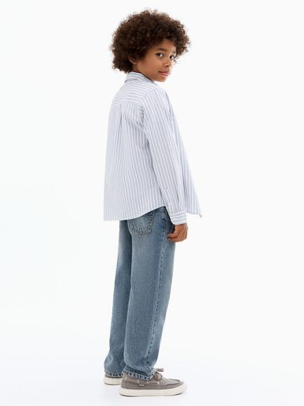 Mango Kids' Cotton Long Sleeved Striped Shirt, Medium Blue - view 2, Medium Blue