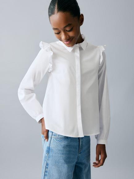 Mango Kids' Carlota Cotton Long Sleeved Frill Shirt, White, White