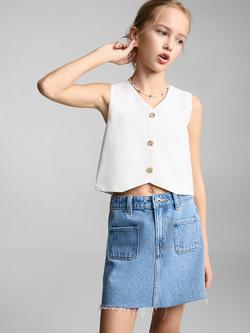 Mango Kids' Sue Denim A-Line Frayed Skirt, Open Blue, Open Blue