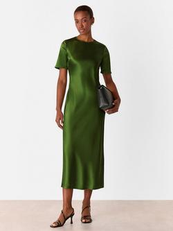 Whistles Avery Short Sleeve Satin Twist Midi Dress, Green
