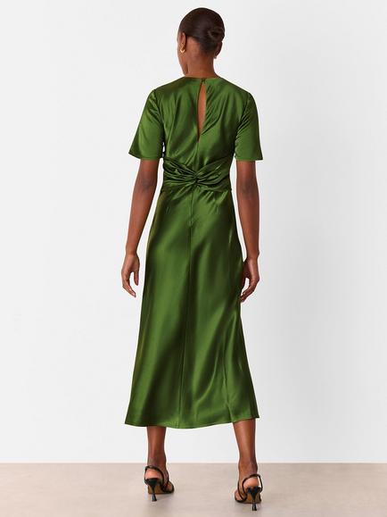 Whistles Avery Short Sleeve Satin Twist Midi Dress - view 2, Green