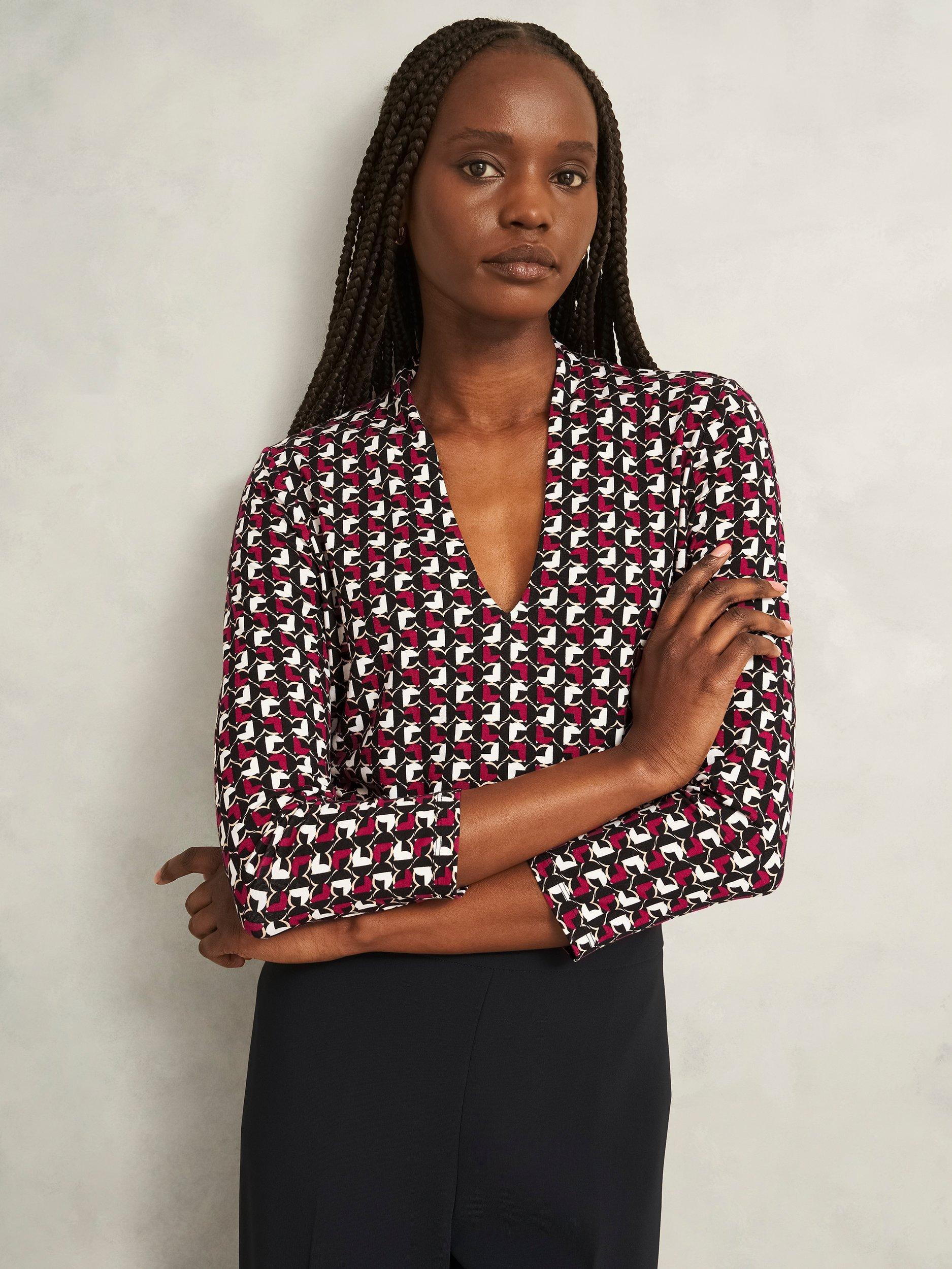 Product image 1 of 5, which shows Hobbs Aimee Graphic Jersey Top, Pink/Ivory, XS