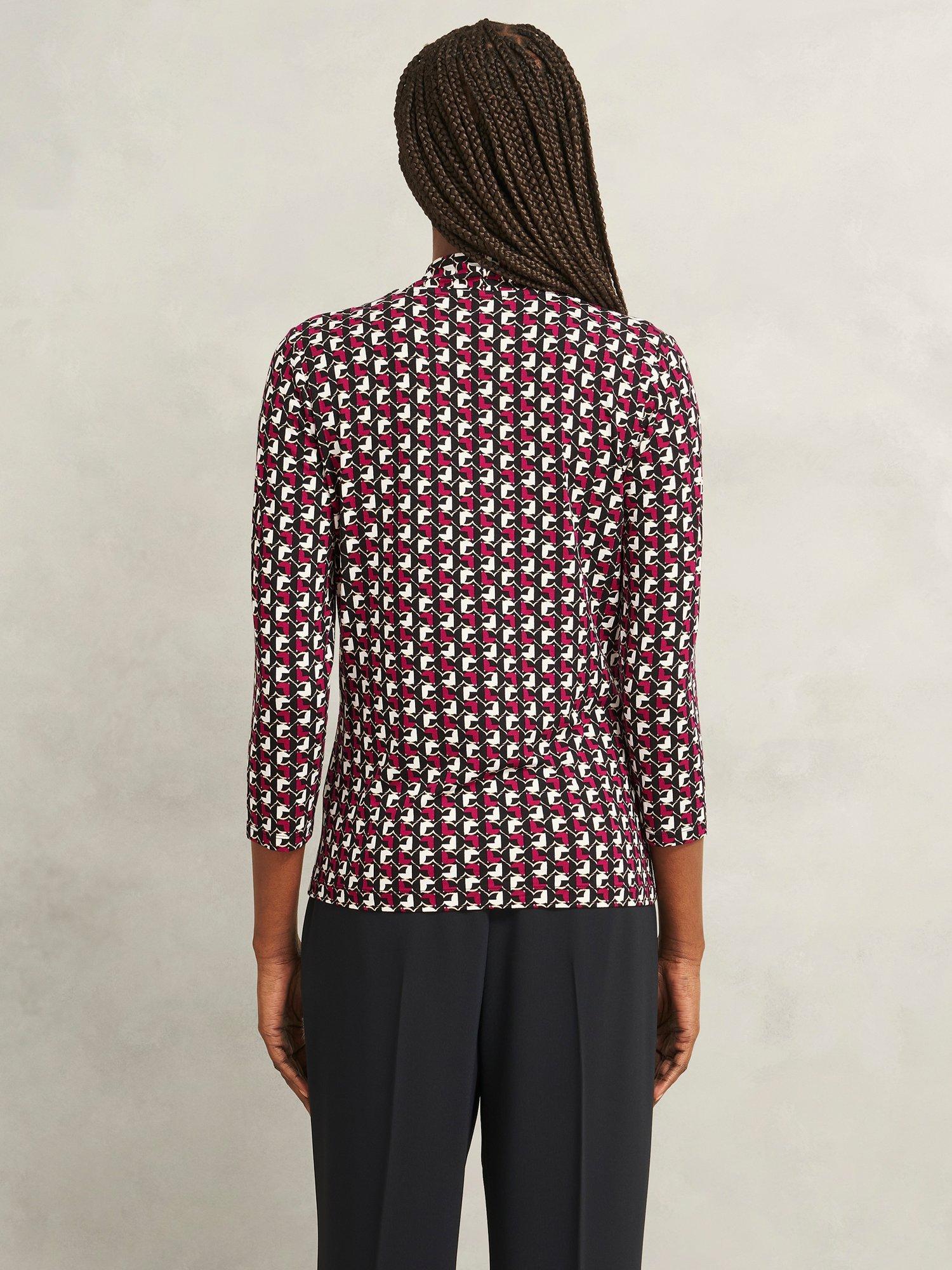 Product image 2 of 5, which shows Hobbs Aimee Graphic Jersey Top, Pink/Ivory, XS