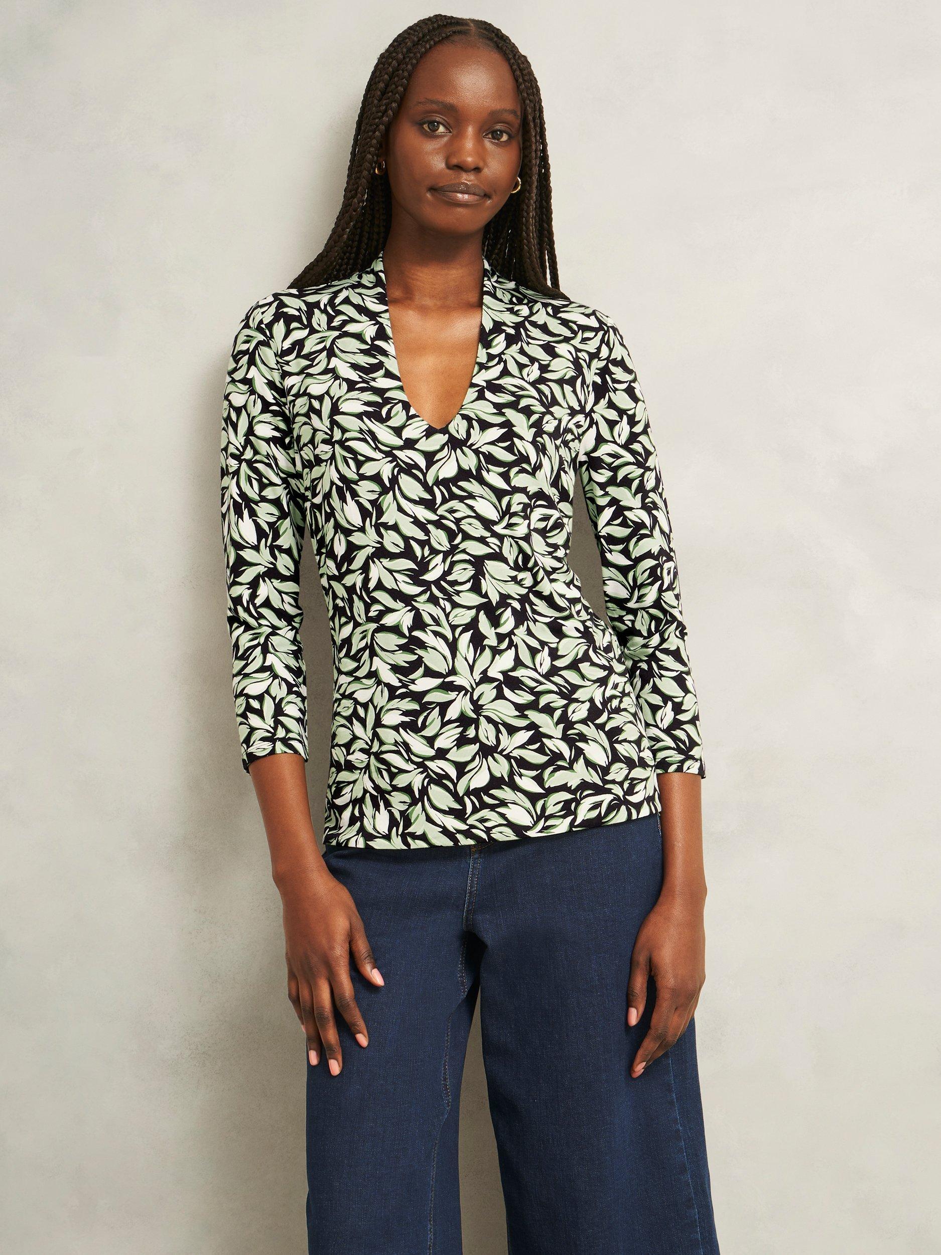 Product image 1 of 5, which shows Hobbs Aimee Abstract Leaf Jersey Top, Navy/Green, XS
