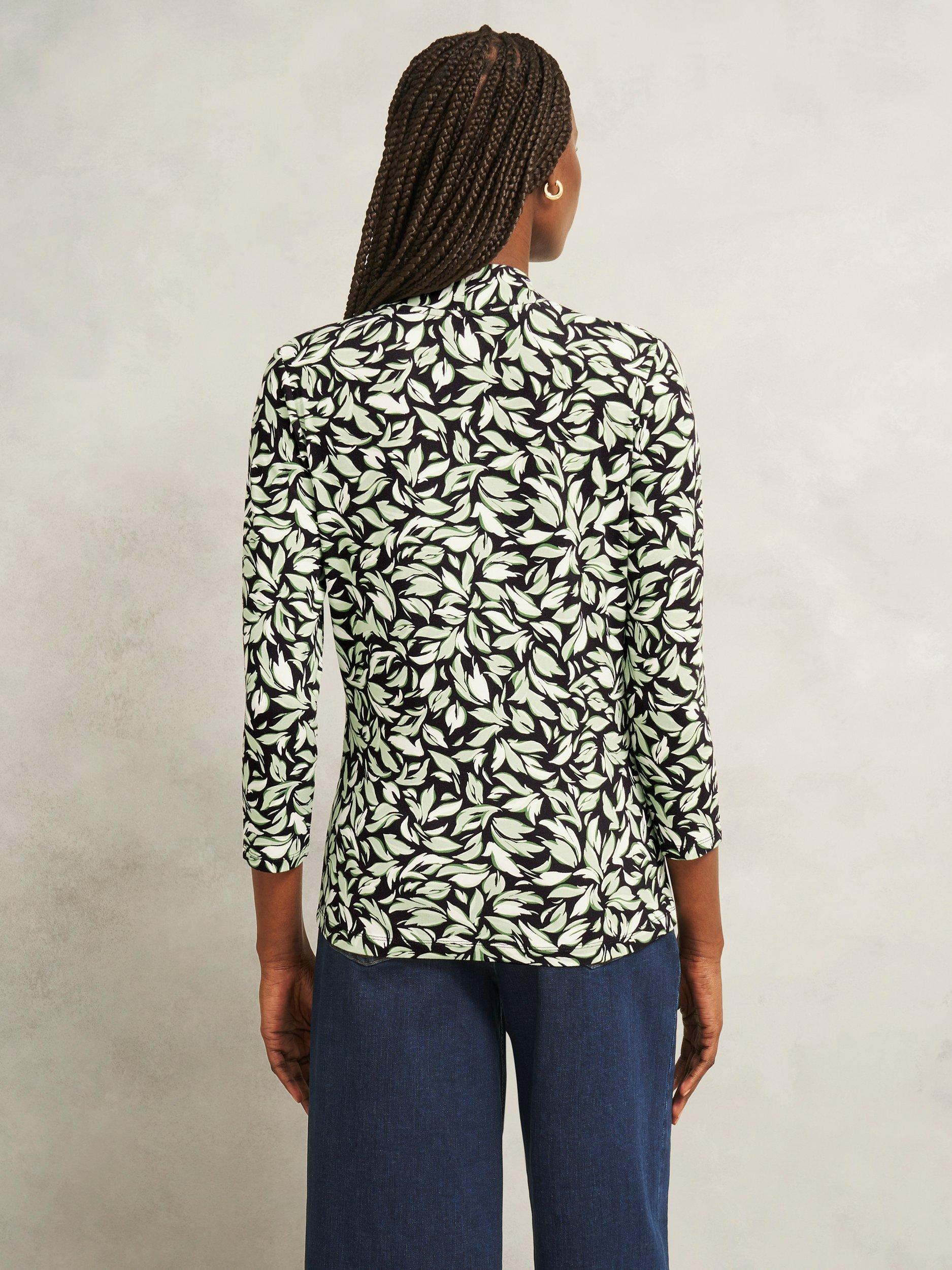 Product image 2 of 5, which shows Hobbs Aimee Abstract Leaf Jersey Top, Navy/Green, XS