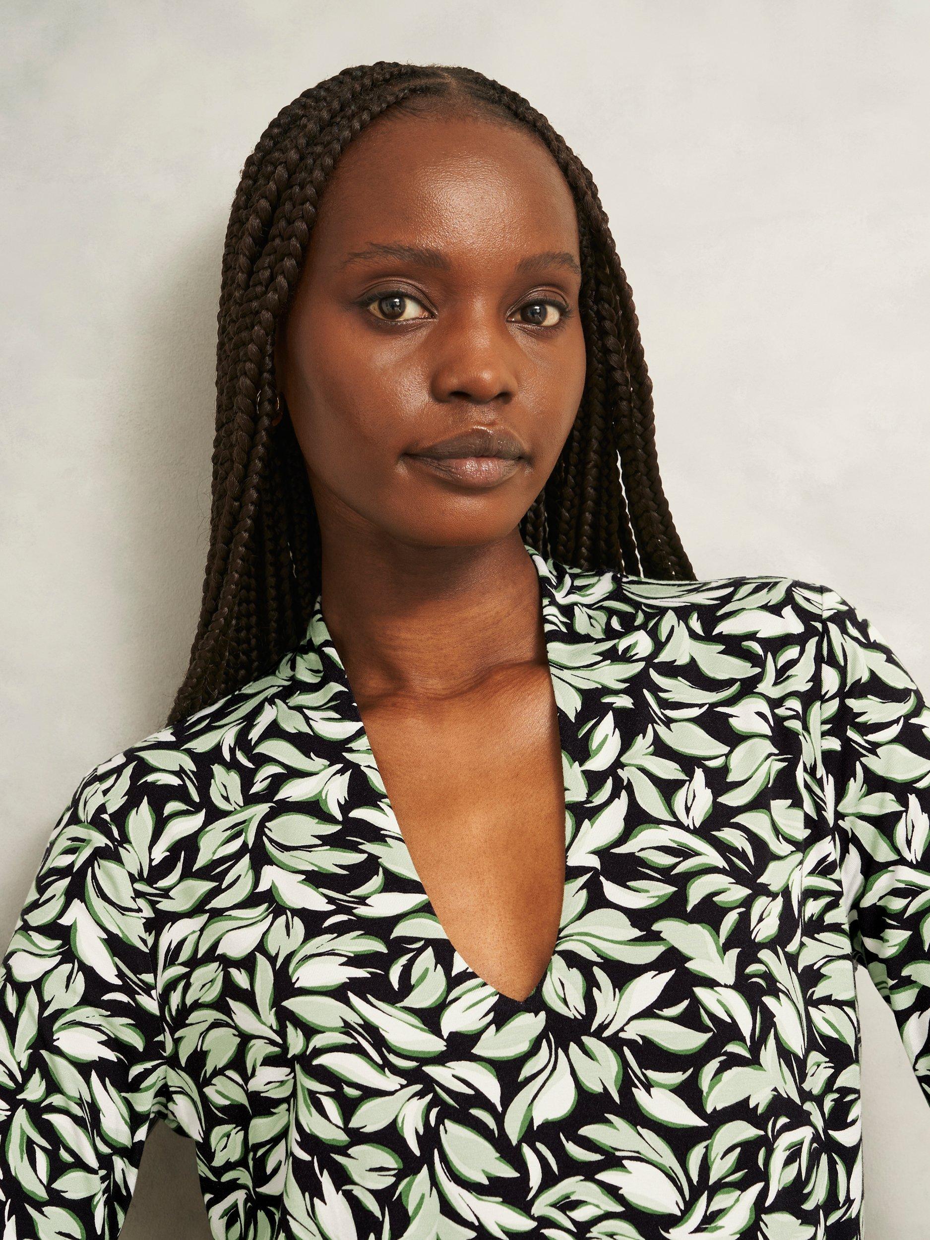 Product image 3 of 5, which shows Hobbs Aimee Abstract Leaf Jersey Top, Navy/Green, XS