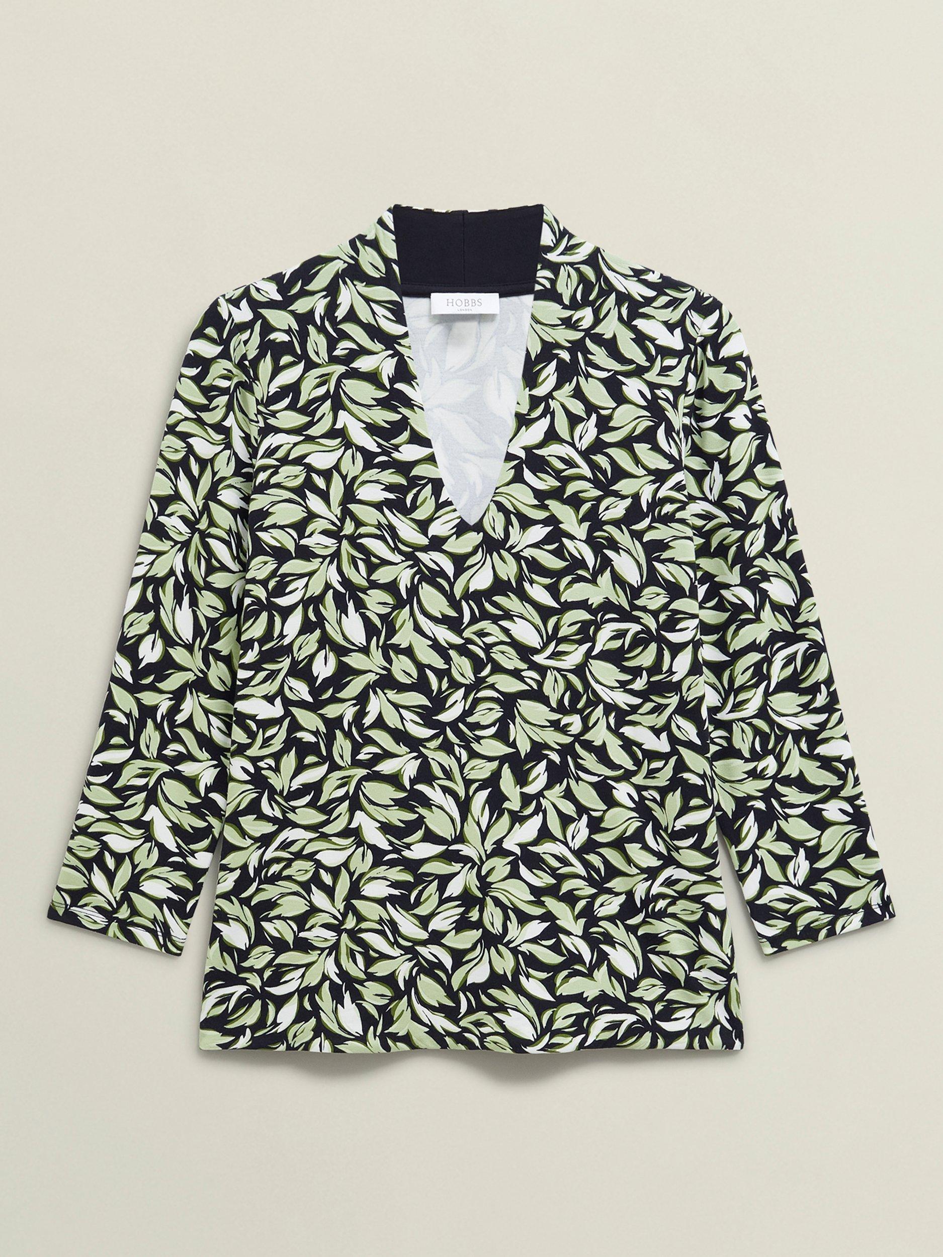 Product image 4 of 5, which shows Hobbs Aimee Abstract Leaf Jersey Top, Navy/Green, XS