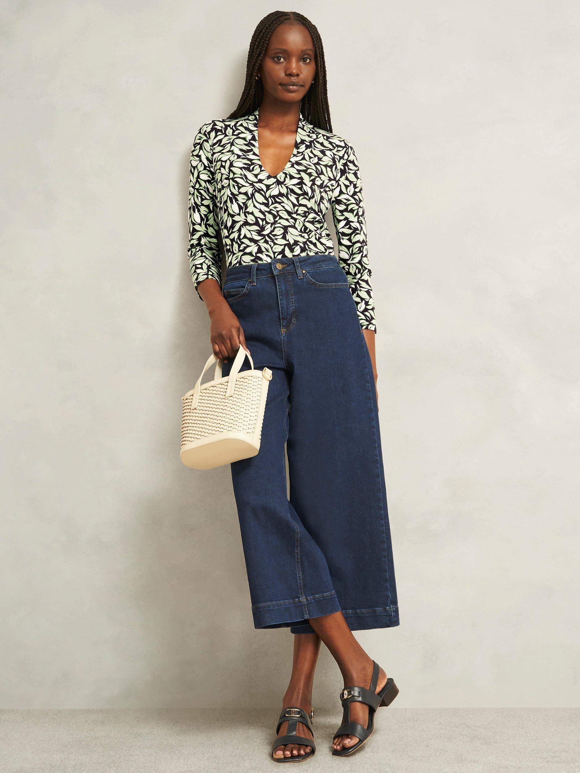 Product image 5 of 5, which shows Hobbs Aimee Abstract Leaf Jersey Top, Navy/Green, XS