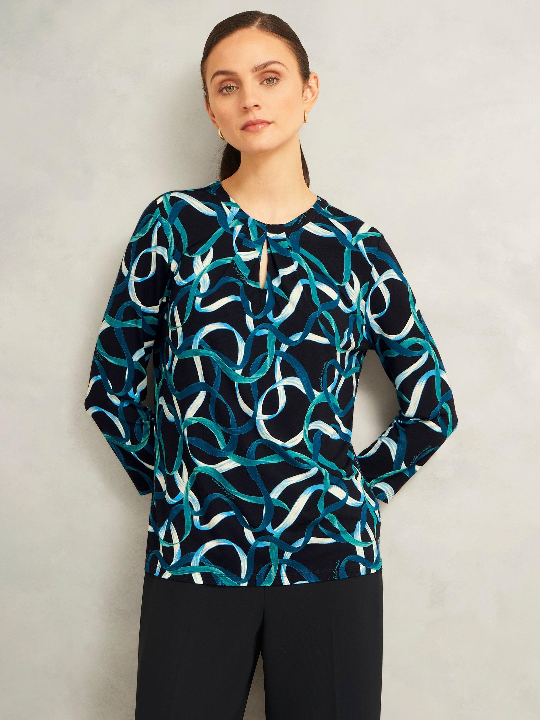 Product image 1 of 6, which shows Hobbs Julia Floral Keyhole Top, Navy Blue, XS