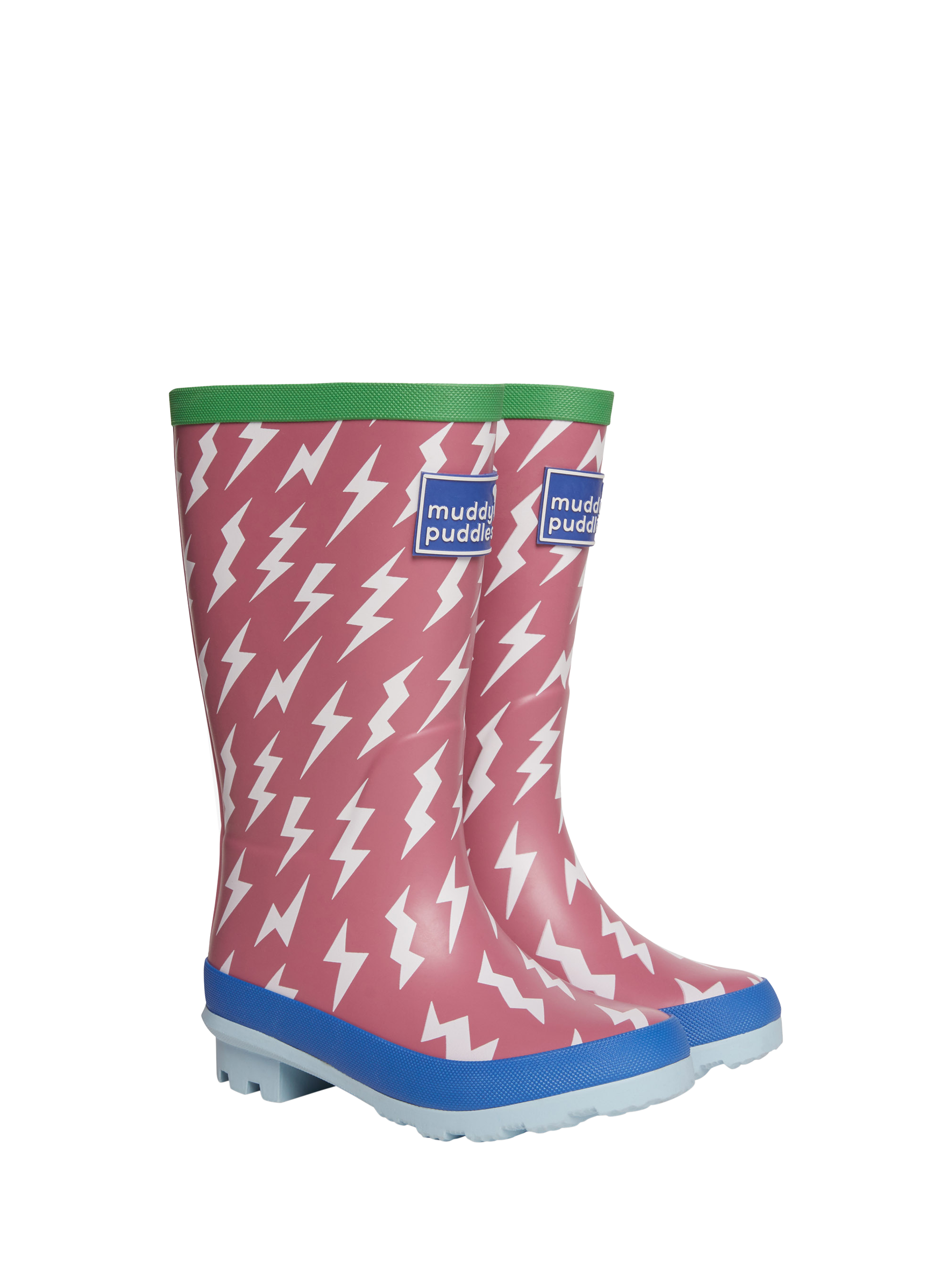 Product image 1 of 3, which shows Muddy Puddles Kids' PuddleStomper Wellington Boots, Pink Bolt, 7 Jnr