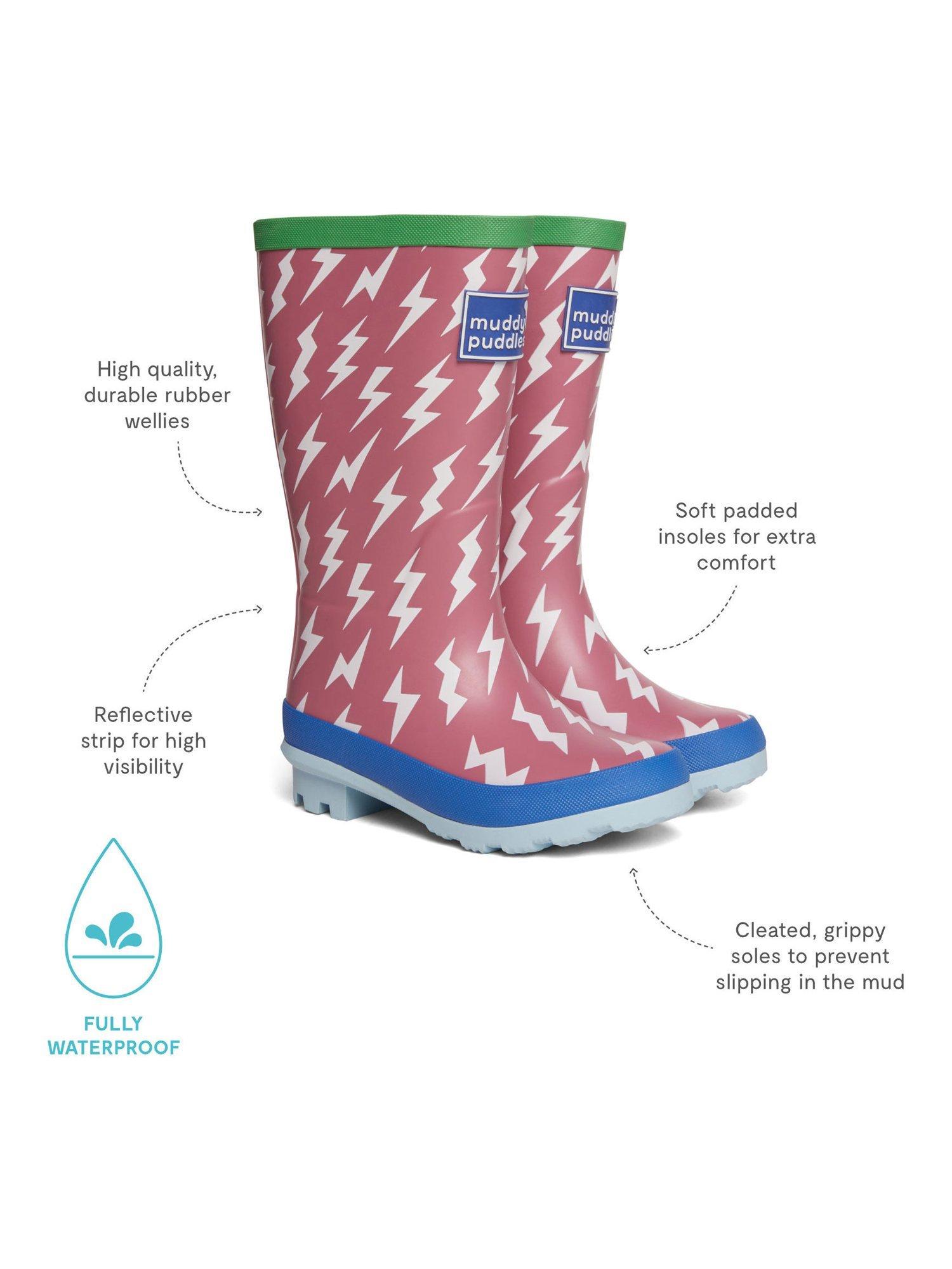 Product image 3 of 3, which shows Muddy Puddles Kids' PuddleStomper Wellington Boots, Pink Bolt, 7 Jnr